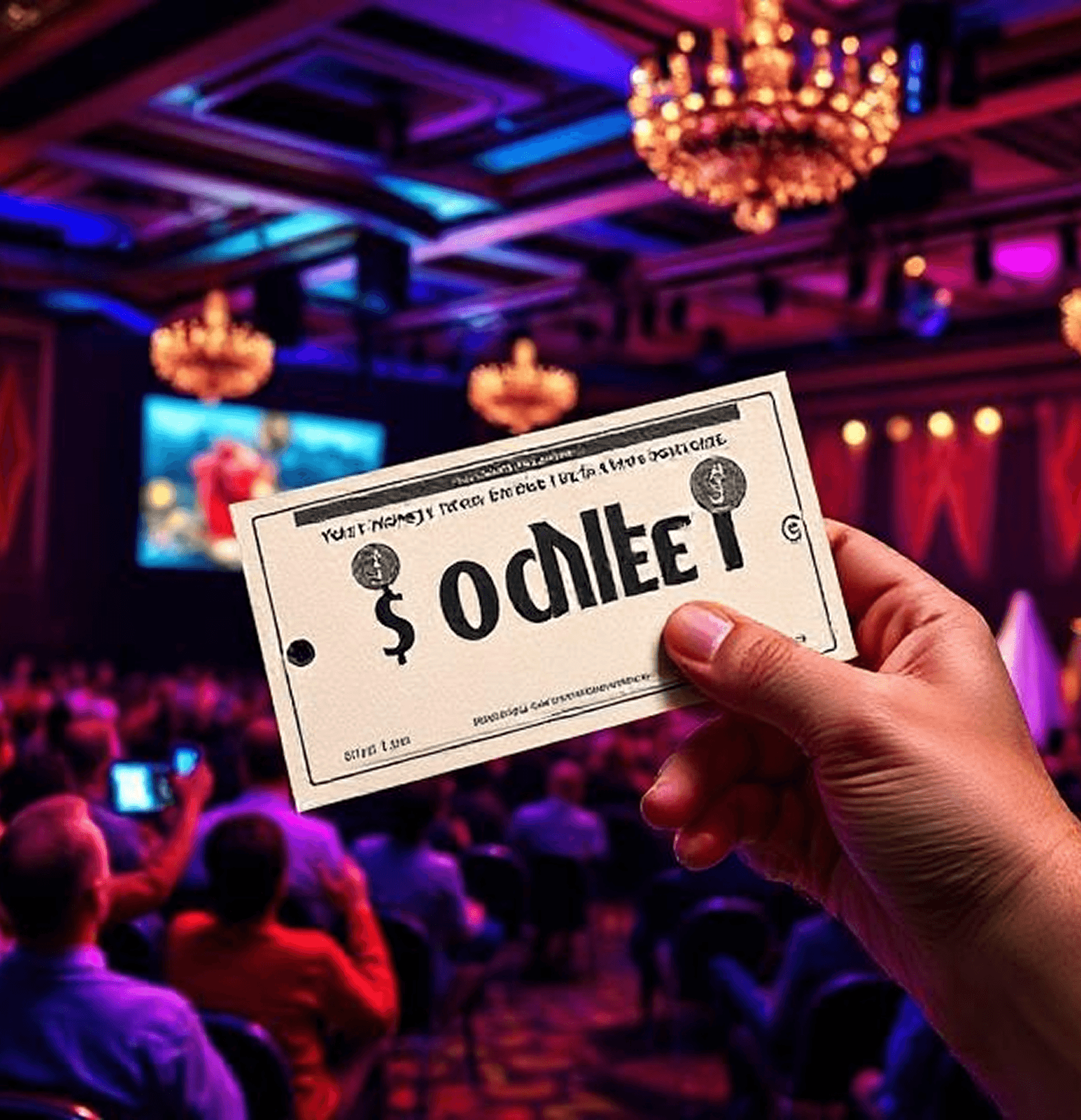 Event ticket in hand at a venue with colorful lighting